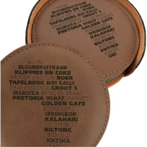 Coasters - African Themed Brown Leather Coasters - 6 coasters and holder