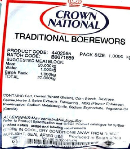 Crown National - Spice Mix Seasoning - Traditional Boerewors - 1kg bags