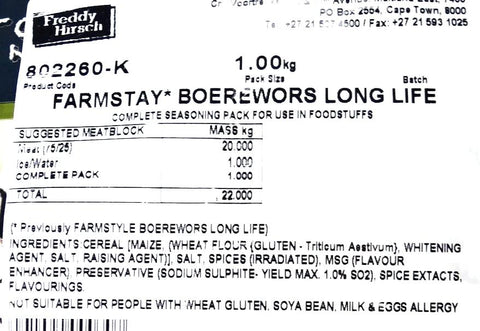 Freddy Hirsch - Spice Mix Seasoning - Farmstay Boerewors Long Life - 1kg Bags